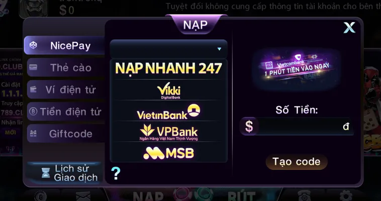 Hướng dẫn nạp tiền bằng tài khoản ngân hàng tại 789Club  - tiền vào tài khoản trong vài phút.